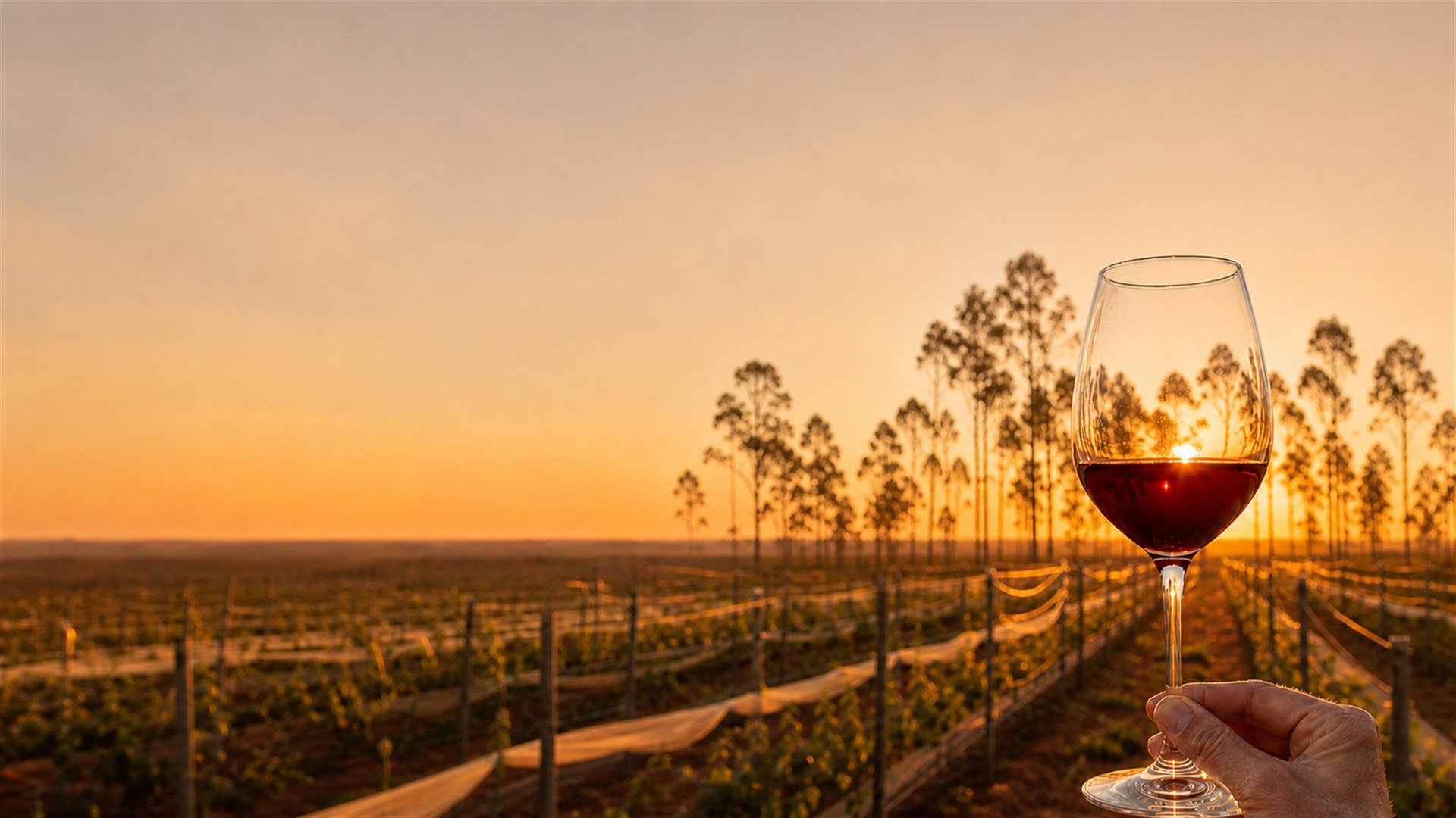 Taça de vinho tinto erguida contra o pôr do sol, com as fileiras do parreiral e os eucaliptos do Cerrado ao fundo