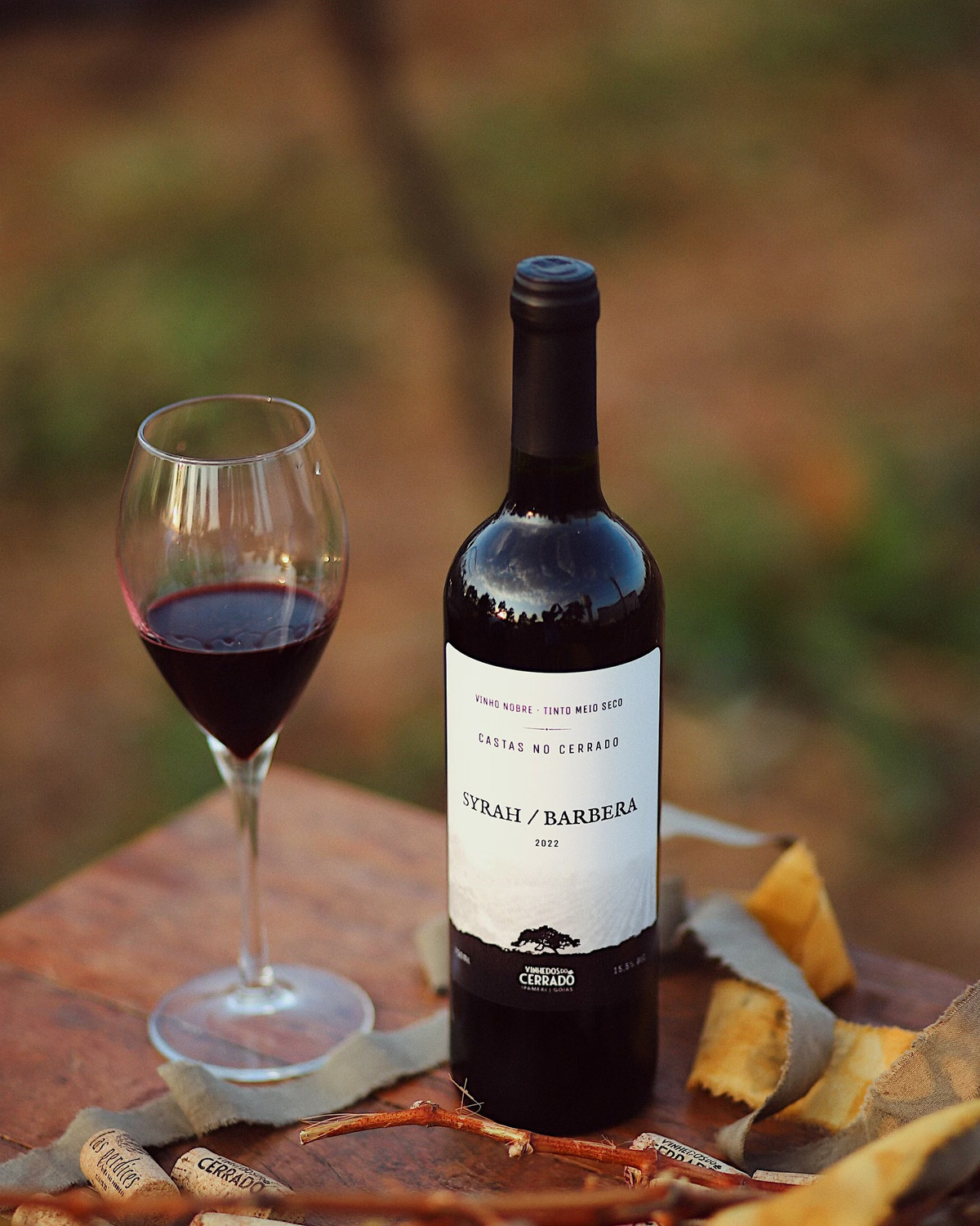 Garrafa de Syrah e Barbera 2022 no vinhedo
